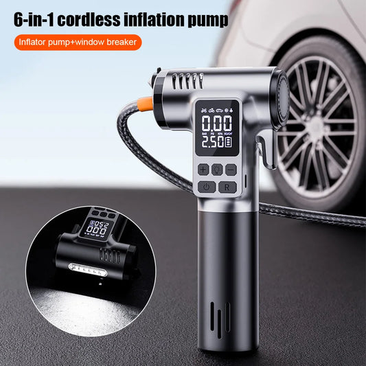 Pompă Auto 6 în 1 – Compresor Puternic cu LED, Ciocan de Urgență și Cutter pentru Centură | Umflare Rapidă Anvelope